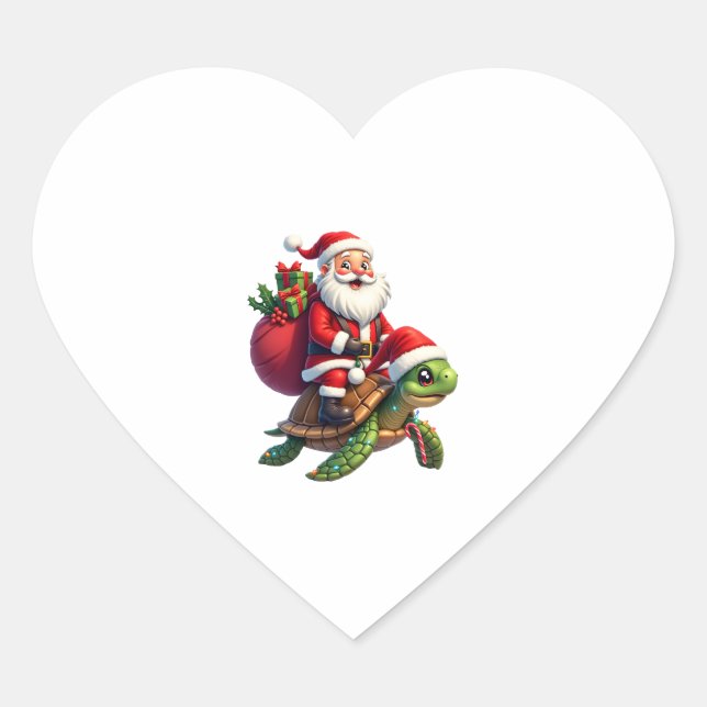Funny Turtle Christmas Santa Riding Sea Turtle Xma Heart Sticker (Front)