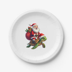 Funny Turtle Christmas Santa Riding Sea Turtle Xma Paper Plate