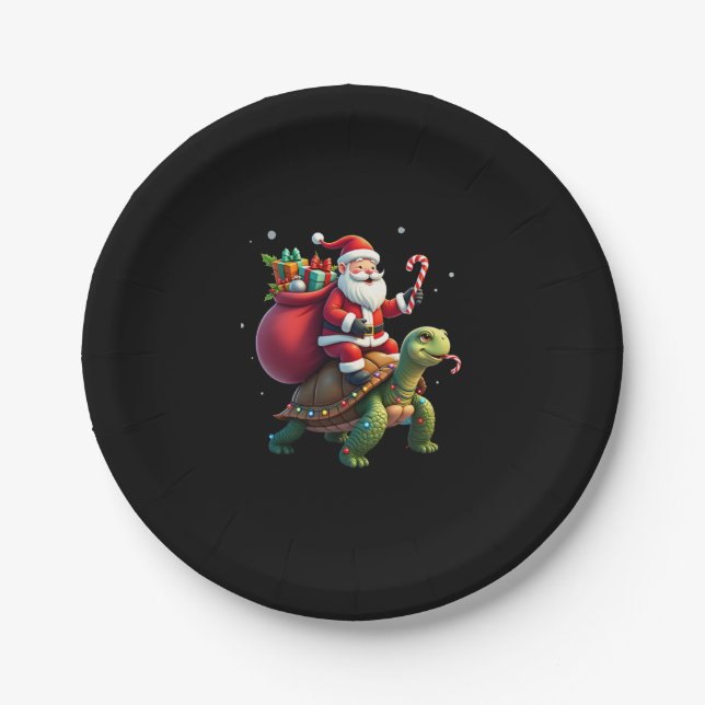 Funny Turtle Christmas Santa Riding Sea Turtle Xma Paper Plate (Front)