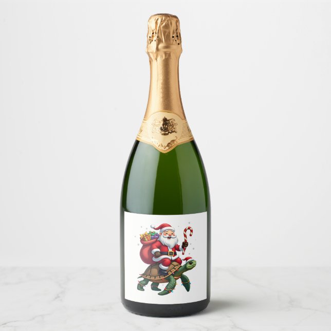Funny Turtle Christmas Santa Riding Sea Turtle Xma Sparkling Wine Label (Front)
