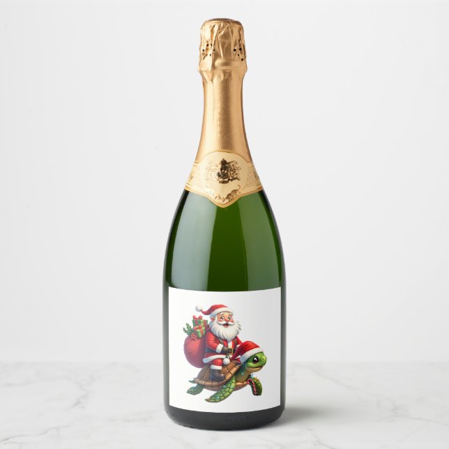 Funny Turtle Christmas Santa Riding Sea Turtle Xma Sparkling Wine Label (Front)