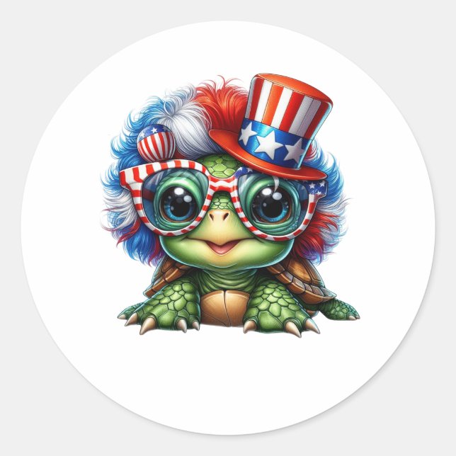 Funny Turtle Patriotic USA Flag Sunglass Classic Round Sticker (Front)