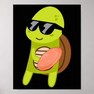 Funny Turtle Wearing Sungles Playing Disc Golf Poster