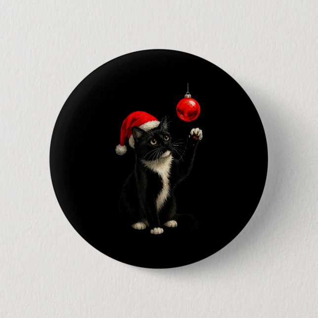 Funny Tuxedo Bauble Cat Santa Hat Red Xmas Christm 6 Cm Round Badge (Front)
