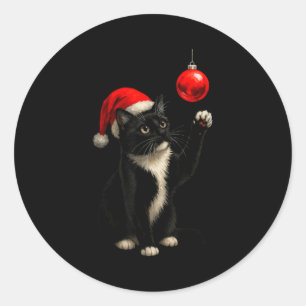 Funny Tuxedo Bauble Cat Santa Hat Red Xmas Christm Classic Round Sticker