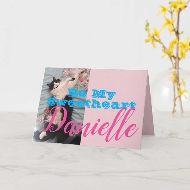 Funny Tuxedo Cat Be My Sweetheart Womans Name Card (Yellow Flower)