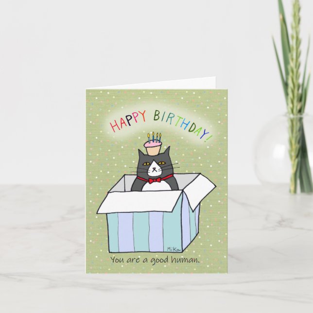 Funny Tuxedo Cat in a Box with cupcake Birthday Card (Front)