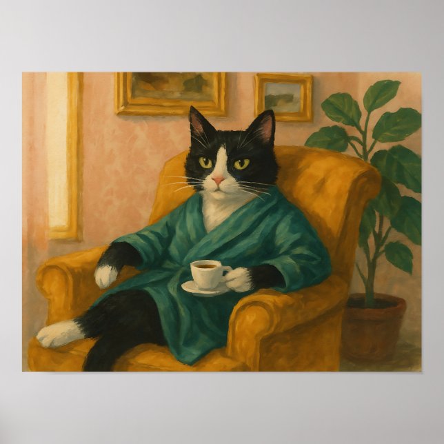 Funny Tuxedo Cat in Bathrobe Drinking Coffee  Poster (Front)