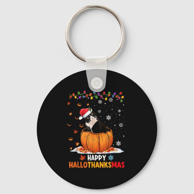 Funny Tuxedo Cat On Pumpkin Happy Hallothanksmas M Key Ring (Front)