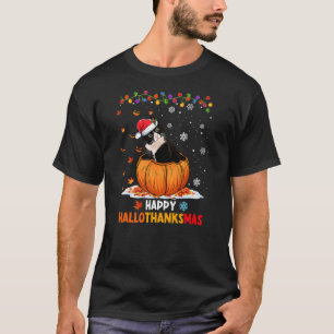 Funny Tuxedo Cat On Pumpkin Happy Hallothanksmas T-Shirt