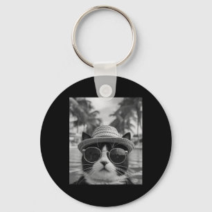 Funny Tuxedo Cat Selfie Cat Summer Vacation  Key Ring