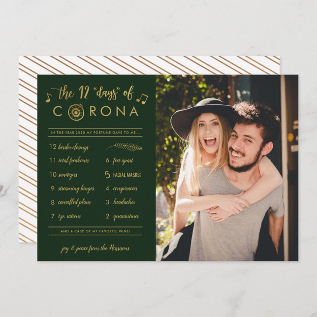 Funny Twelve Days of Corona Photo Gold Green Holiday Card (Front/Back)