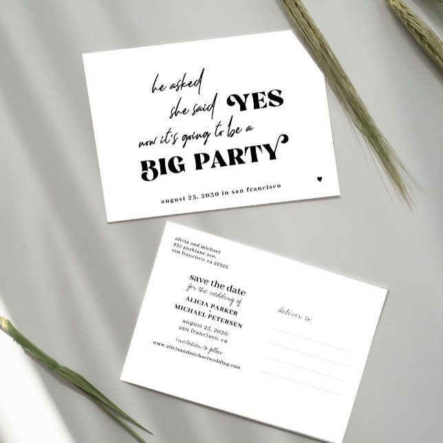 Funny typography big party wedding save the date announcement postcard (Creator Uploaded)