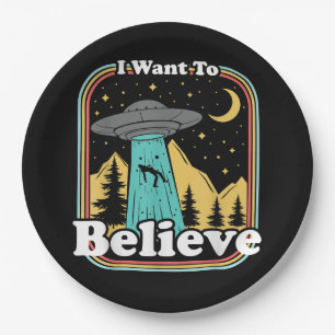 Funny UFO Abduction 70s 80s Retro Alien I Want To  Paper Plate