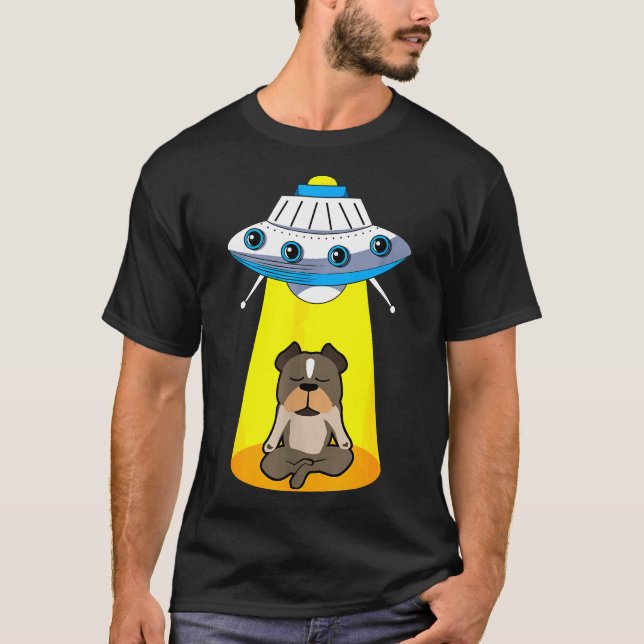Funny Ufo Alien Capturing Pitbull T-Shirt (Front)