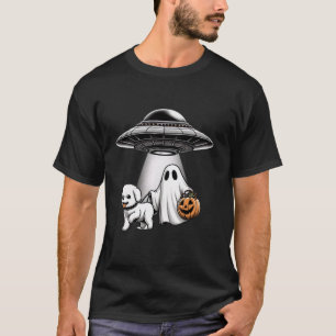 Funny UFO Ghost Walking Dog Halloween Night Stroll T-Shirt