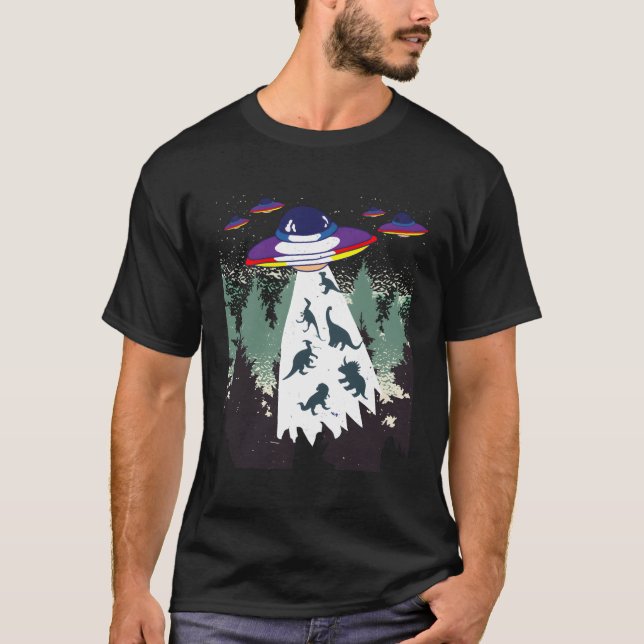 Funny Ufo Space Alien Forest Dinosaur Abduction T-Shirt (Front)