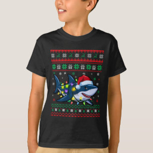Funny Ugly Christmas Shark Santa Hat Lights Xmas T-Shirt