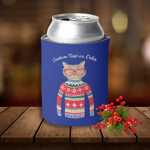 Funny Ugly Christmas Sweater, Cat Lover Custom Can Cooler