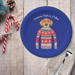 Funny Ugly Christmas Sweater, Dog Wearing Glasses Paper Plate