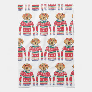 Funny Ugly Christmas Sweater, Dog Wearing Glasses Tea Towel