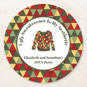 Funny Ugly Christmas Sweater Red Green Gold Round Paper Coaster