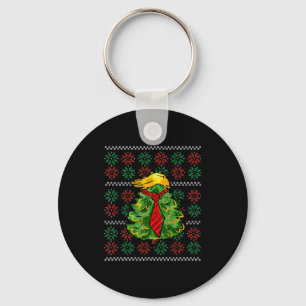 Funny Ugly Christmas Sweater Xmas Tree Trump Hair  Key Ring