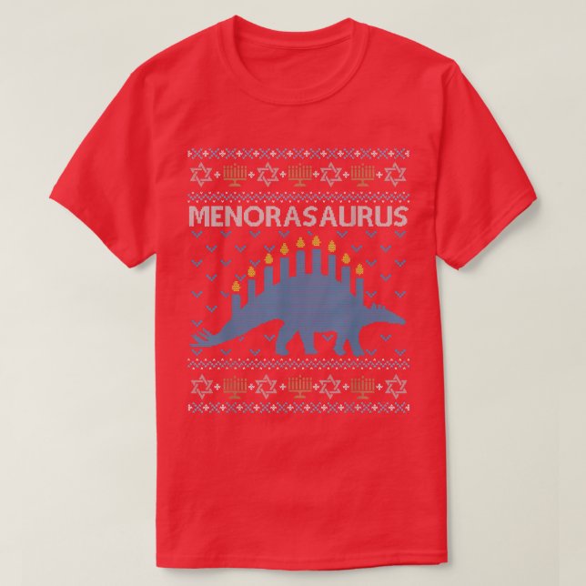 Funny Ugly Hanukkah Sweater Dinosaur Menorah Dino  (Design Front)