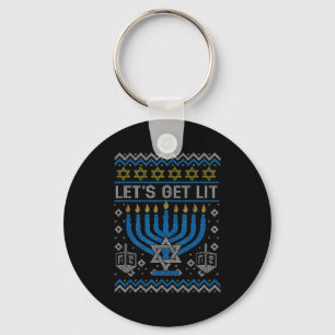 Funny Ugly Hanukkah Sweater Lets Get Lit Menorah J Key Ring