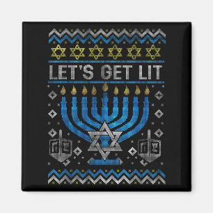 Funny Ugly Hanukkah Sweater Lets Get Lit Menorah J Magnet