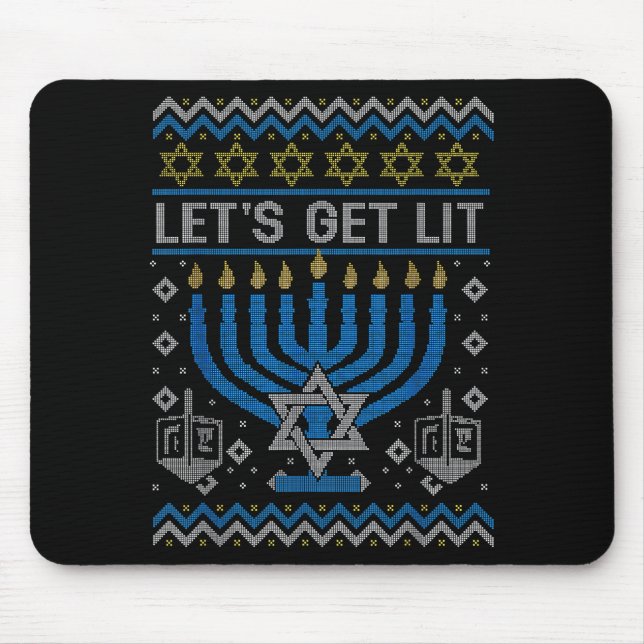 Funny Ugly Hanukkah Sweater Lets Get Lit Menorah J Mouse Pad (Front)