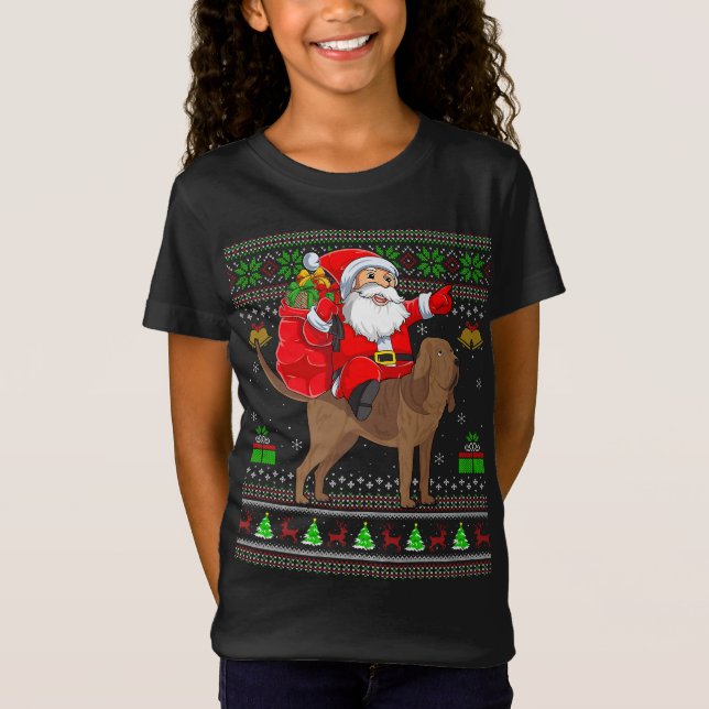 Funny Ugly Xmas Santa Riding Bloodhound Dog Christ T-Shirt (Front)