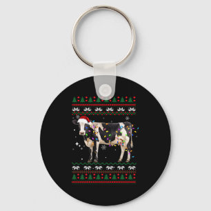 Funny Ugly Xmas Sweater Dairy Cow Farmer Lights Ch Key Ring