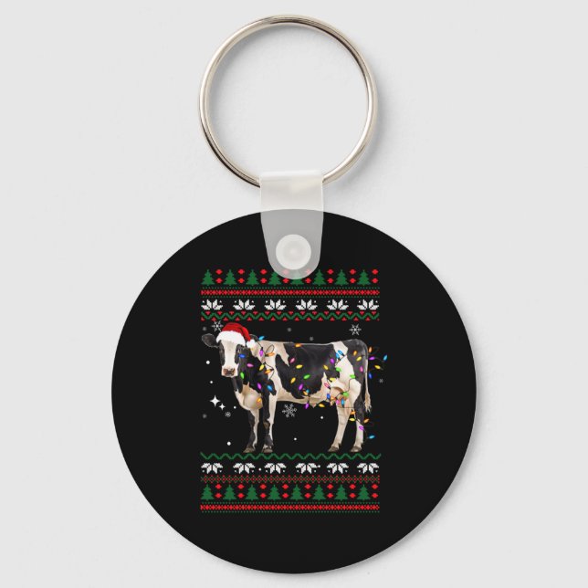 Funny Ugly Xmas Sweater Dairy Cow Farmer Lights Ch Key Ring (Front)