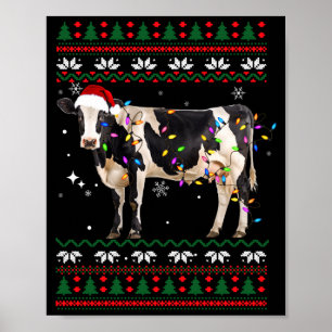 Funny Ugly Xmas Sweater Dairy Cow Farmer Lights Ch Poster