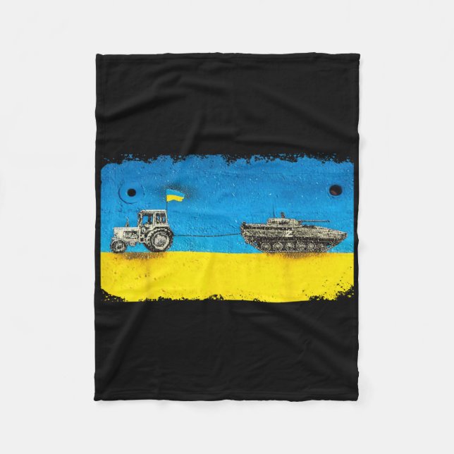 Funny Ukrainian Farmer Pulling Tank With Tractor  Fleece Blanket (Front)