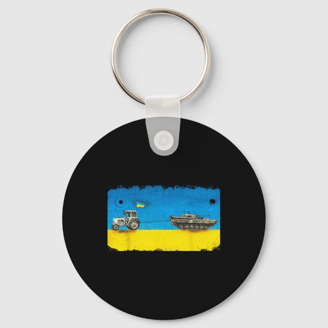 Funny Ukrainian Farmer Pulling Tank With Tractor  Key Ring (Front)