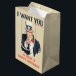 Funny Uncle Sam Patriotic Birthday Medium Gift Bag<br><div class="desc">Uncle Sam wants you to have a happy birthday! This birthday gift bag has the look of the classic Uncle Sam recruitment poster making it perfect for American history buffs, patriotic friends and more. Plus the red text can be customised with your own greeting so that you can create the...</div>