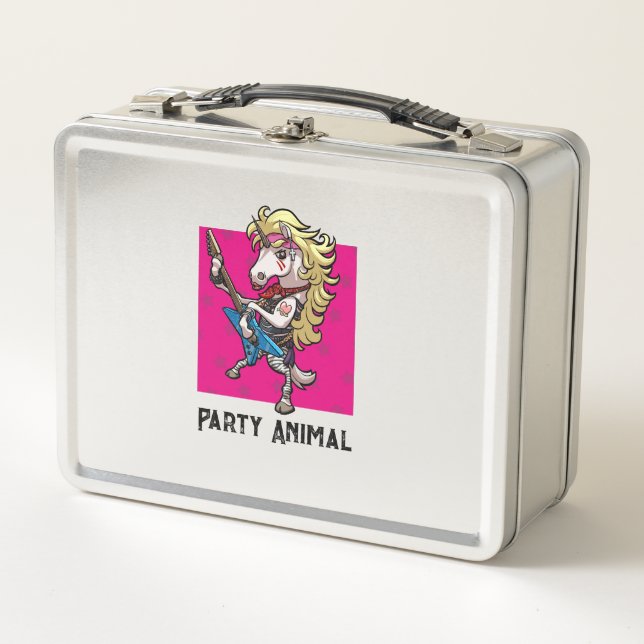Funny Unicorn Cartoon Party Animal Glam Rocker Metal Lunch Box (Front)