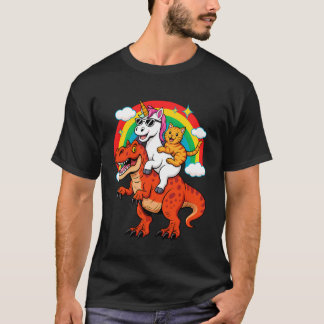 Funny Unicorn Cat Riding Dinosaur T-Rex Rainbow Sp T-Shirt