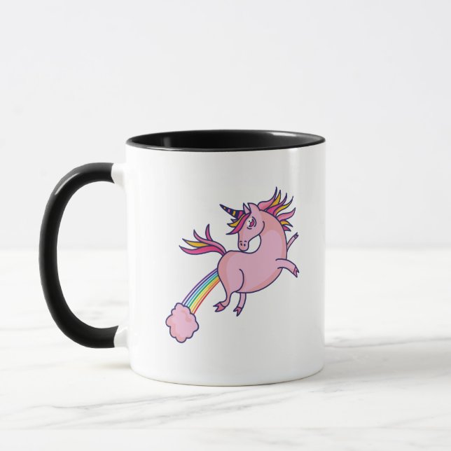 Funny Unicorn Farting Rainbows Cartoon Cute Gag Mug (Left)