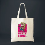 Funny Unicorn Party Animal Glam Rocker Cartoon Tote Bag<br><div class="desc">A funny unicorn 80s rocker on a tote shopping bag. Use "Personalise this template" to tweak the default "PARTY ANIMAL" text and create a unique, customised gift; text changes are reflected on both sides. Featuring a glam rock unicorn, accessorised to the max with sparkling blue star guitar, zebra print leggings...</div>