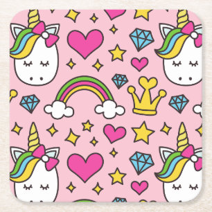 Funny Unicorn Pattern Pink Magic Horse Cute Square Paper Coaster