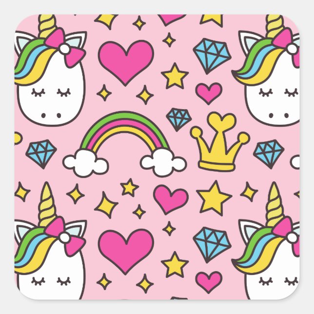 Funny Unicorn Pattern Pink Magic Horse Cute  Square Sticker (Front)