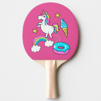 Funny unicorn pooping rainbow sprinkles on ping pong paddle