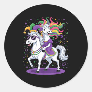 Funny Unicorn Riding Horse Jester Hat Women Men Ma Classic Round Sticker