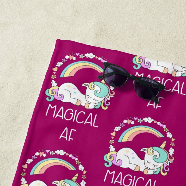 Funny Unicorn Saying Magical AF Beach Towel (In Situ)