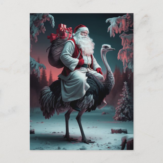 Funny Unique Santa and Ostrich Christmas Snow Postcard (Front)