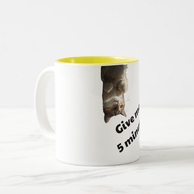 Funny Upside Down Cat Give 5 Minutes Two-Tone Coffee Mug (Front Left)