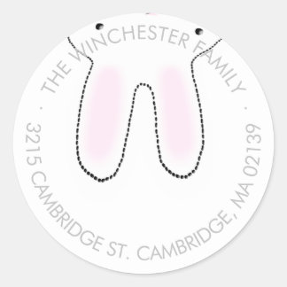 Funny upside down Easter bunny grey white address Classic Round Sticker